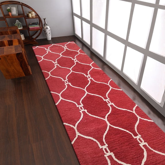 Rugsotic Carpets Hand Tufted Wool Eco-Friendly 2'6''x8' Area Rugs Runner Red Beige Geometric Modern High Pile Thick Handmade Anti Skid Indoor Rug for Living Room, Bedroom K01004