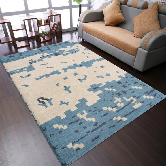 Rugsotic Carpets Hand Tufted Wool Eco-Friendly Area Rugs - 3'x5', Rectangle, Beige Blue, Modern Contemporary Design, High Pile Handmade Anti Skid Rugs for Living Room, Bed Room (K00702)