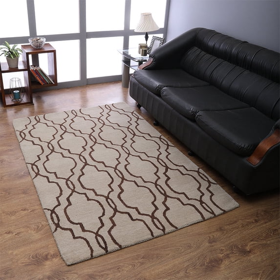 Rugsotic Carpets Hand Tufted Wool Eco-Friendly 4'x6' Area Rugs Rectangle Beige Brown Geometric Modern High Pile Thick Handmade Anti Skid Indoor Rug for Living Room, Bedroom K09014