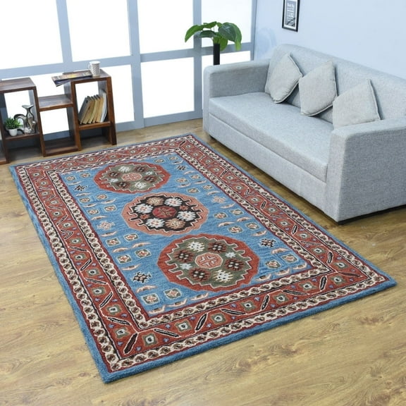 Rugsotic Carpets Hand Tufted Wool Eco-Friendly Area Rugs - 4'x6', Rectangle, Light Blue Red, Modern Contemporary Design, High Pile Handmade Anti Skid Rugs for Living Room, Bed Room (K00S15)