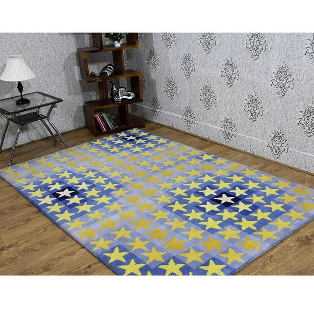 Rugsotic Carpets Hand Tufted Wool Eco-Friendly Area Rugs - 5'x7'6'', Rectangle, Blue Gold, Modern Contemporary Design, High Pile Handmade Anti Skid Rugs for Living Room, Bed Room (K03093)