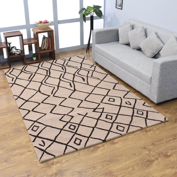Rugsotic Carpets Hand Tufted Wool Eco-Friendly 5'x8' Area Rugs Rectangle Beige Brown Geometric Modern High Pile Thick Handmade Anti Skid Indoor Rug for Living Room, Bedroom K00S11