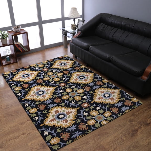 Rugsotic Carpets Hand Tufted Wool Eco-Friendly 5'x8' Area Rugs Rectangle Black Floral Modern High Pile Thick Handmade Anti Skid Indoor Rug for Living Room, Bedroom K03070