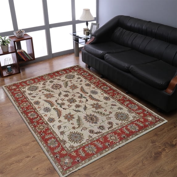 Rugsotic Carpets Hand Tufted Wool Eco-Friendly 5'x8' Rectangle Cream Red Oriental High Pile Thick Handmade Anti Skid Indoor Area Rug K00106