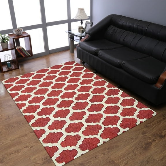 Rugsotic Carpets Hand Tufted Wool Eco-Friendly Area Rugs - 5'x8', Rectangle, Red White, Modern Contemporary Design, High Pile Handmade Anti Skid Rugs for Living Room, Bed Room (K05101)