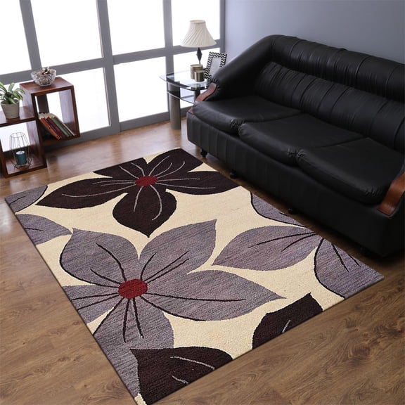Rugsotic Carpets Hand Tufted Wool Eco-Friendly 8'x10' Area Rugs Rectangle Cream Floral Modern High Pile Thick Handmade Anti Skid Indoor Rug for Living Room, Bedroom K00926