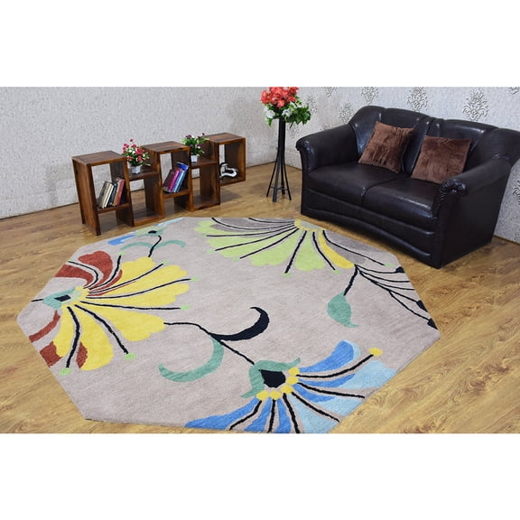 Rugsotic Carpets Hand Tufted Wool Eco-Friendly 8'x8' Area Rugs Octagon Camel Floral Modern High Pile Thick Handmade Anti Skid Indoor Rug for Living Room, Bedroom K00219