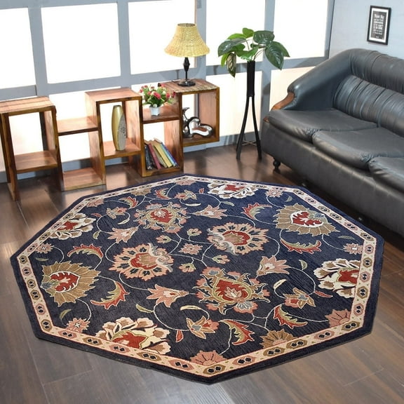 Rugsotic Carpets Handmade Wool Area Rug, 8' x 8' Octagon, Charcoal, Modern Design, High Pile, Anti-Skid