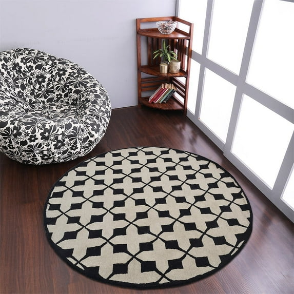 Rugsotic Carpets Hand Tufted Wool Eco-Friendly Area Rugs - 8'x8', Round, Beige Black, Modern Contemporary Design, High Pile Handmade Anti Skid Rugs for Living Room, Bed Room (K00301)