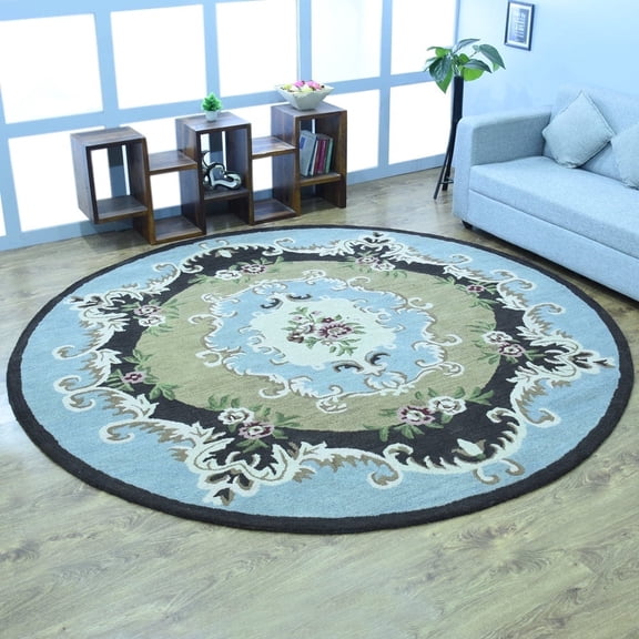 Rugsotic Carpets Hand Tufted Wool Eco-Friendly Area Rugs - 8'x8', Round, Beige Blue, Modern Contemporary Design, High Pile Handmade Anti Skid Rugs for Living Room, Bed Room (K00S04)