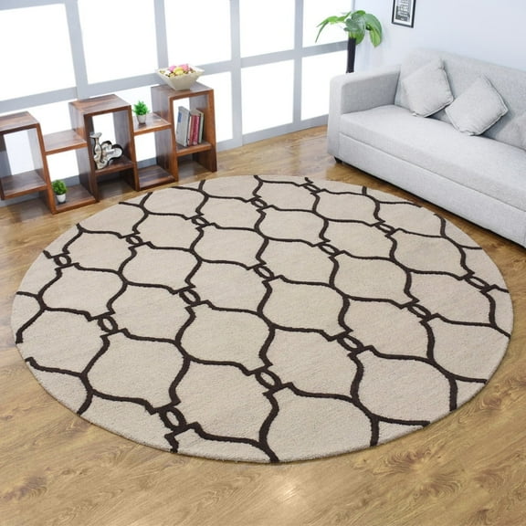 Rugsotic Carpets Hand Tufted Wool Eco-Friendly Area Rugs - 8'x8', Round, Beige Brown, Modern Contemporary Design, High Pile Handmade Anti Skid Rugs for Living Room, Bed Room (K01004)