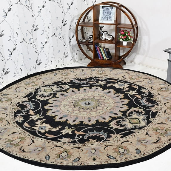 Rugsotic Carpets Hand Tufted Wool Eco-Friendly Area Rugs - 8'x8', Round, Black Beige, Modern Contemporary Design, High Pile Handmade Anti Skid Rugs for Living Room, Bed Room (K00640)