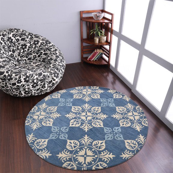 Rugsotic Carpets Hand Tufted Wool Eco-Friendly 8'x8' Area Rugs Round Blue Floral Modern High Pile Thick Handmade Anti Skid Indoor Rug for Living Room, Bedroom K00661
