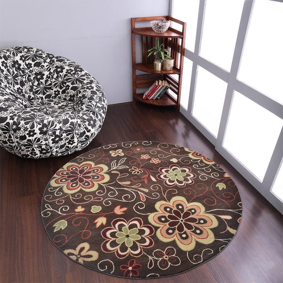 Rugsotic Carpets Hand Tufted Wool Eco-Friendly 8'x8' Area Rugs Round Brown Floral Modern High Pile Thick Handmade Anti Skid Indoor Rug for Living Room, Bedroom K00656