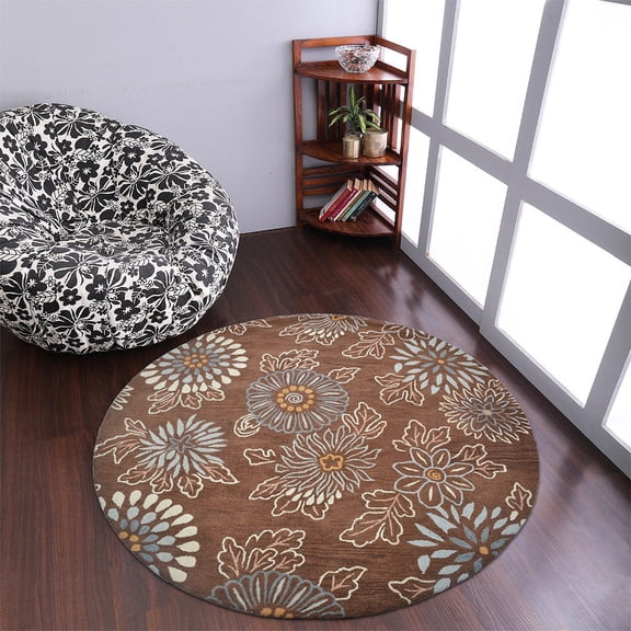 Rugsotic Carpets Hand Tufted Wool Eco-Friendly 8'x8' Area Rugs Round Brown Floral Modern High Pile Thick Handmade Anti Skid Indoor Rug for Living Room, Bedroom K00730