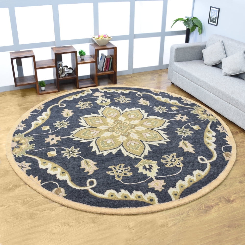 RUGSOTIC 8'x8' Round Hand-Tufted Wool Rug, Charcoal, Eco-Friendly, Anti ...