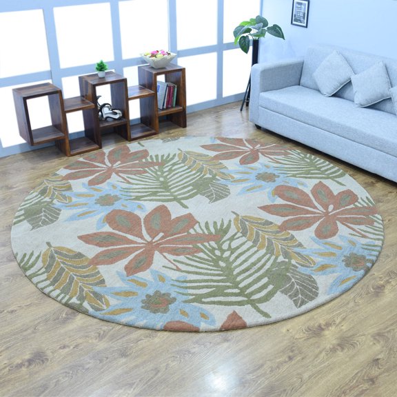 Rugsotic Carpets Hand Tufted Wool Eco-Friendly 8'x8' Area Rugs Round Cream Floral Modern High Pile Thick Handmade Anti Skid Indoor Rug for Living Room, Bedroom K00300