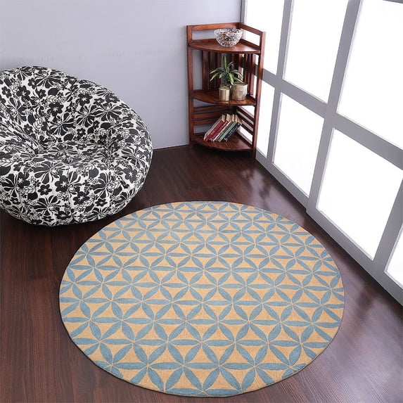 Rugsotic Carpets Hand Tufted Wool Eco-Friendly Area Rugs - 8'x8', Round, Gold Blue, Modern Contemporary Design, High Pile Handmade Anti Skid Rugs for Living Room, Bed Room (K00723)