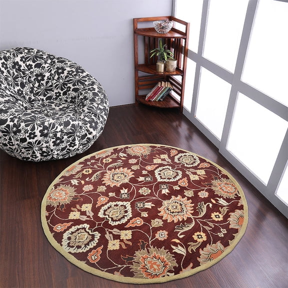 Rugsotic Carpets Hand Tufted Wool Eco-Friendly 8'x8' Area Rugs Round Maroon Oriental High Pile Thick Handmade Anti Skid Indoor Rug for Living Room, Bedroom K00712