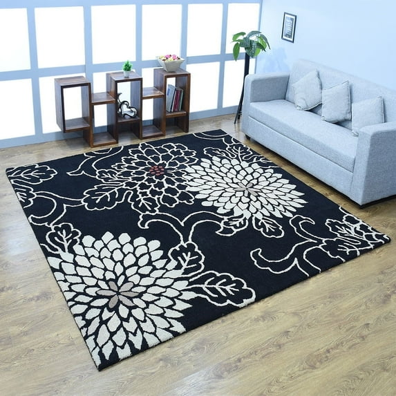 Rugsotic Carpets Hand Tufted Wool Eco-Friendly Area Rugs - 8'x8', Square, Black, Modern Contemporary Design, High Pile Handmade Anti Skid Rugs for Living Room, Bed Room (K00664)
