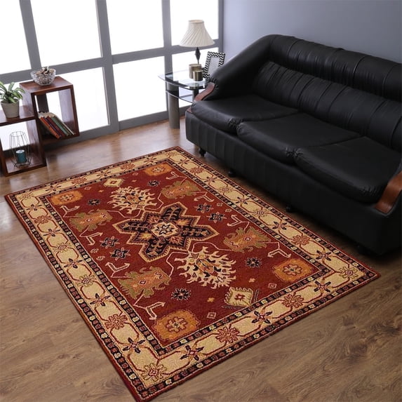 Rugsotic Carpets Hand Tufted Wool Eco-Friendly 8'x8' Area Rugs Square Red Cream Oriental High Pile Thick Handmade Anti Skid Indoor Rug for Living Room, Bedroom K00535