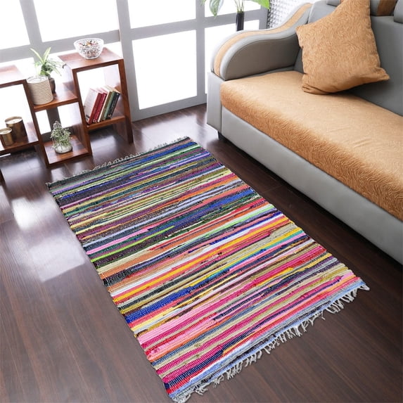 Rugsotic Carpets Hand Woven Flat Weave Kilim Cotton Eco-Friendly Area Rugs-3'X5', Rectangle, Multicolor, Contemporary, Low Pile Handmade Rugs For Living Room, Bed Room (Dc0145)