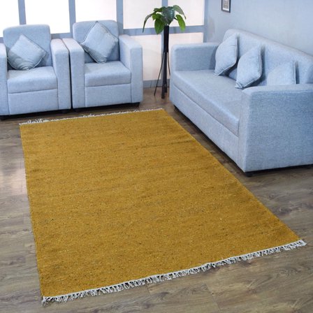 Rugsotic Carpets Hand Woven Flat Weave Kilim Cotton & Polyester Eco-Friendly Area Rugs - 3'X5', Rectangle, Gold, Plain Solid Design, Low Pile Handmade Area Rugs For Living Room, Bed Room (Dcp111)
