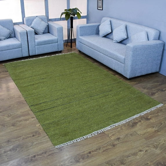 Rugsotic Carpets Hand Woven Flat Weave Kilim Cotton & Polyester Eco-Friendly Area Rugs - 4'X6', Rectangle, Green, Plain Solid Design, Low Pile Handmade Area Rugs For Living Room, Bed Room (Dcp111)