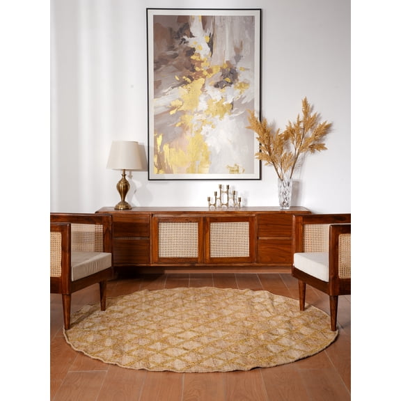 Rugsotic Carpets Hand Woven Flat Weave Kilim Jute 6'x6' Round Area Rug Geometric Beige Gold J00031