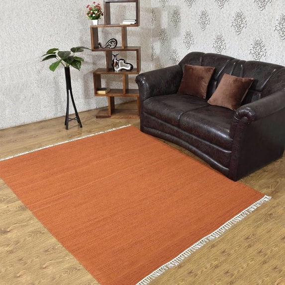 Rugsotic Carpets Eco-Friendly Woven Hand Woven Kilim Flat Weave Dark Orange Solid Area Rug, 10'x10' Square, Antimicrobial