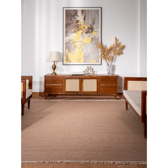 Rugsotic Carpets Eco-Friendly Woven Hand Woven Kilim Flat Weave Light Brown Solid Area Rug, 6'x6' Square, Antimicrobial