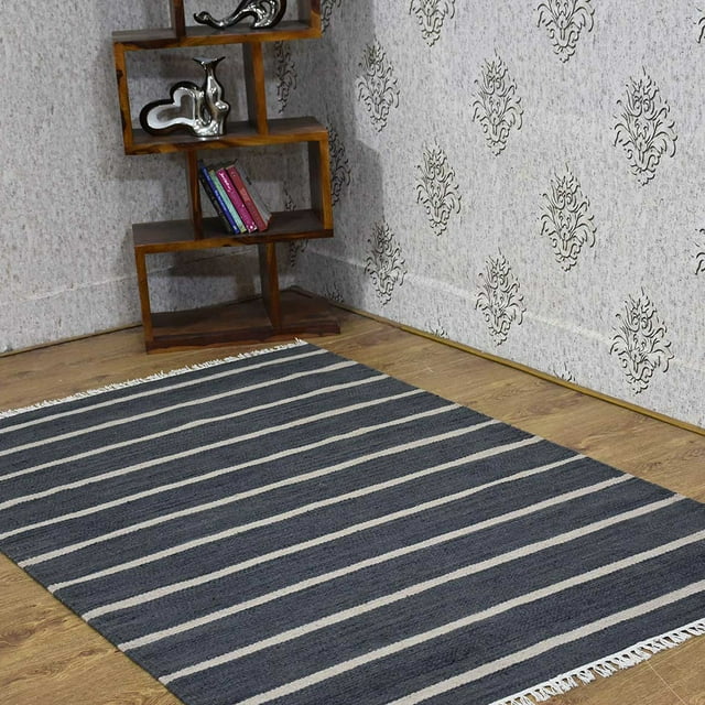 Rugsotic Carpets Handmade Rugs Hand Woven Kilim Rectangle 8'x10' Charcoal Cream Wool for Indoor Use