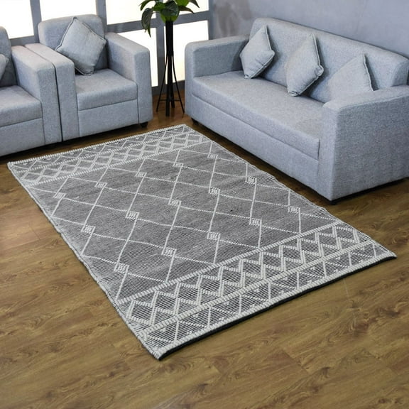 Rugsotic Carpets Hand Woven Flat Weave Kilim Wool & Cotton Eco-Friendly Area Rugs- 5'X7'6'', Rectangle, Black, Contemporary Design, Low Pile Handmade Area Rugs For Living Room, Bed Room (Dwc001)