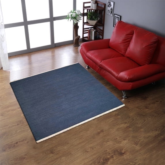 Rugsotic Carpets Eco-Friendly Woven Hand Woven Kilim Flat Weave Blue Solid Area Rug, 10'x10' Square, Antimicrobial