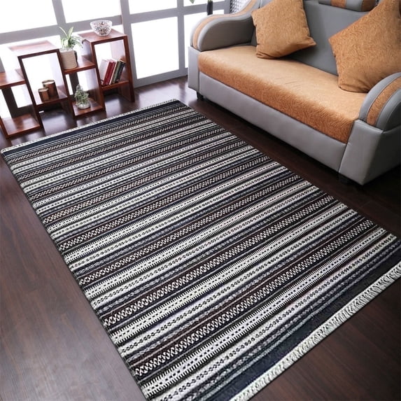 Rugsotic Carpets Eco-Friendly Woven Hand Woven Kilim Flat Weave Charcoal White Contemporary Area Rug, 10'x13' Rectangle, Antimicrobial