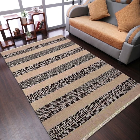 Rugsotic Carpets Eco-Friendly Woven Hand Woven Kilim Flat Weave Cream Charcoal Contemporary Area Rug, 10'x14' Rectangle, Antimicrobial