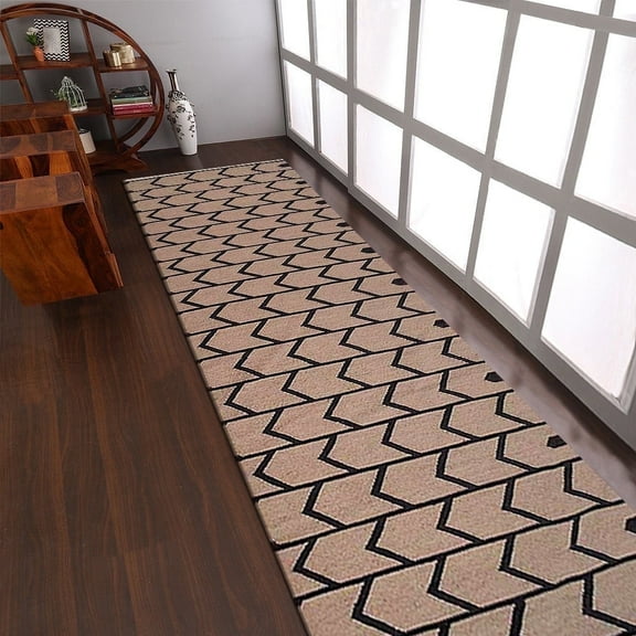 Rugsotic Carpets Handmade Rugs Hand Woven Kilim Runner 2'6''x10' Cream Charcoal Wool for Indoor Use