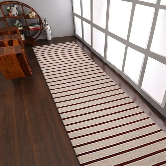 Rugsotic Carpets Handmade Rugs Hand Woven Kilim Runner 2'6''x10' Cream Red Wool for Indoor Use