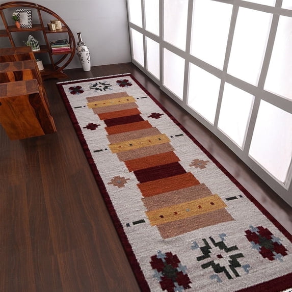 Rugsotic Carpets Hand Woven Kilim Area Rug, 2'6''x10', White Burgundy, Wool, Flat Weave, Low Pile, Runner, Contemporary Design