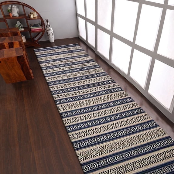 Rugsotic Carpets Eco-Friendly Woven Hand Woven Kilim Flat Weave Aqua Cream Contemporary Area Rug, 2'6''x12' Runner, Antimicrobial
