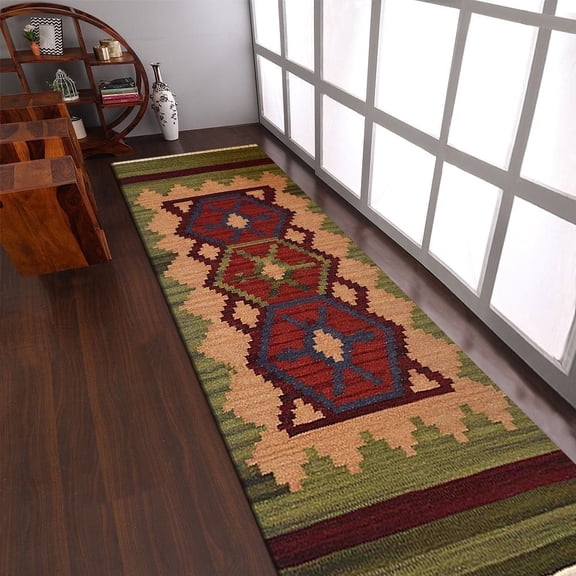 Rugsotic Carpets Eco-Friendly Woven Hand Woven Kilim Flat Weave Burgundy Olive Contemporary Area Rug, 2'6''x6' Runner, Antimicrobial