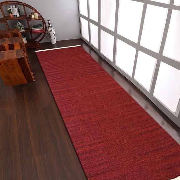 Rugsotic Carpets Hand Woven Kilim Area Rug, 2'6''x6', Burgundy, Wool, Flat Weave, Low Pile, Runner, Solid Design