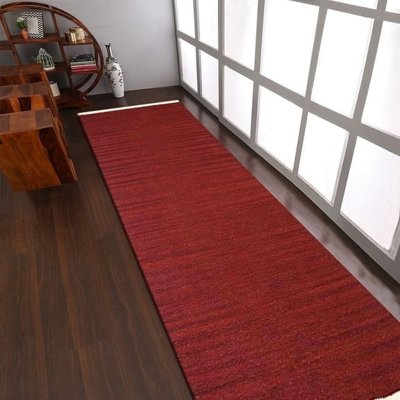 Rugsotic Carpets Handmade Rugs Hand Woven Kilim Runner 2'6''x6' Burgundy Wool for Indoor Use