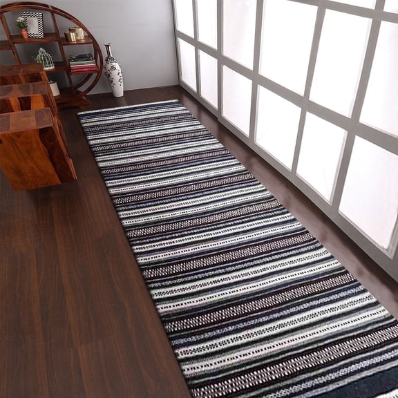 Rugsotic Carpets Eco-Friendly Woven Hand Woven Kilim Flat Weave Charcoal White Contemporary Area Rug, 2'6''x6' Runner, Antimicrobial