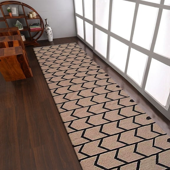 Rugsotic Carpets Handmade Rugs Hand Woven Kilim Runner 2'6''x6' Cream Charcoal Wool for Indoor Use