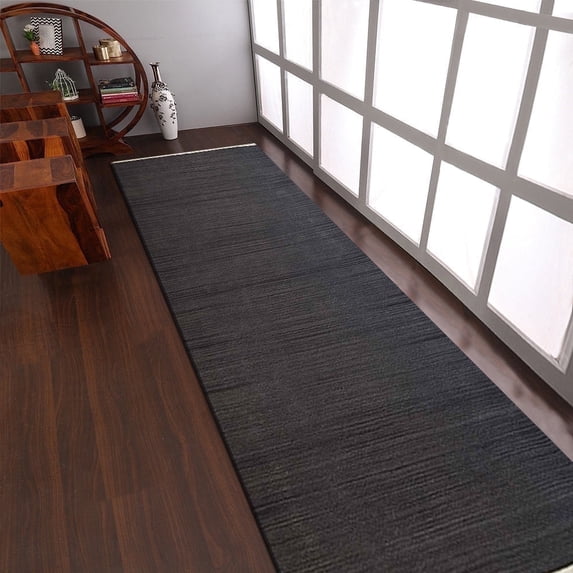 Rugsotic Carpets Eco-Friendly Woven Hand Woven Kilim Flat Weave Charcoal Solid Area Rug, 2'6''x8' Runner, Antimicrobial