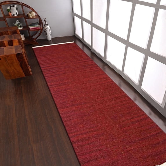 Rugsotic Carpets Eco-Friendly Woven Hand Woven Kilim Flat Weave Burgundy Solid Area Rug, 3'x13' Runner, Antimicrobial