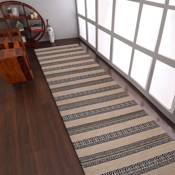 Rugsotic Carpets Eco-Friendly Woven Hand Woven Kilim Flat Weave Cream Charcoal Contemporary Area Rug, 3'x13' Runner, Antimicrobial