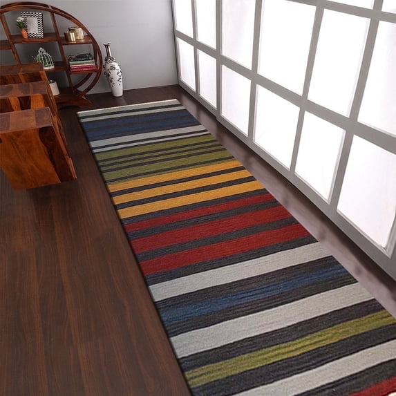 Rugsotic Carpets Eco-Friendly Woven Hand Woven Kilim Flat Weave Multicolor Contemporary Area Rug, 3'x13' Runner, Antimicrobial