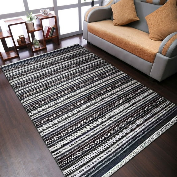 Rugsotic Carpets Handmade Rugs Hand Woven Kilim Rectangle 3'x5' Charcoal White Wool for Indoor Use